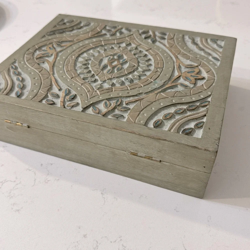 Green Geo Carved Wood Ashanti Storage Box